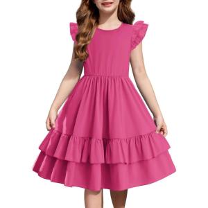 Arshiner Girls Dress Tween Boho Flutter Sleeve Tiered A Line Summer Dresses with Pockets(Hot Pink)