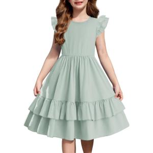 Arshiner Girls Dress Tween Boho Flutter Sleeve Tiered A Line Summer Dresses with Pockets(Light Green)