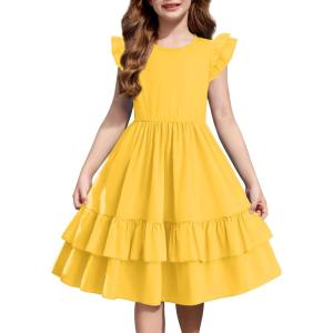 Arshiner Girls Dress Tween Boho Flutter Sleeve Tiered A Line Summer Dresses with Pockets(Turmeric)