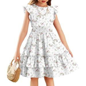 Arshiner Girls Dresses Flutter Sleeve A-Line Sundress Casual Summer Tiered Swing Midi Pocket Dress(Pink Floral)