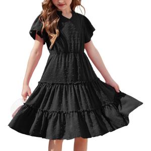 Arshiner Girls Dresses Summer Ruffle Sleeve Swiss Dot V Neck Twirl Birthday Party Midi Dress with Pockets(Black)