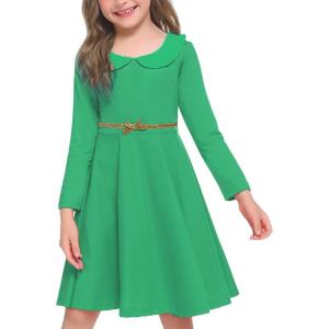 Arshiner Girls Long Sleeve Dress Casual Vintage Peter Pan Collar Swing Party Dress Age 3-14 Years(Green)