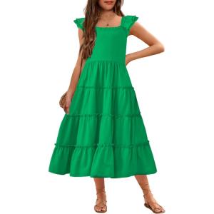 Arshiner Girls Maxi Summer Short Flutter Sleeve Casual Dress with Pockets for 4-14 Y(Green)