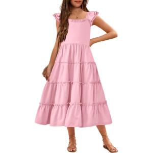 Arshiner Girls Maxi Summer Short Flutter Sleeve Casual Dress with Pockets for 4-14 Y(Pink)