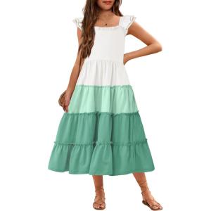 Arshiner Girls Maxi Summer Short Flutter Sleeve Casual Dress with Pockets for 4-14 Y(White & Light Green)