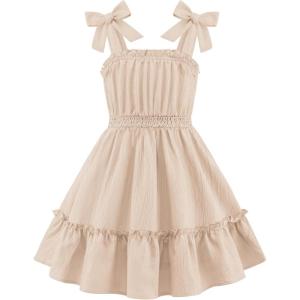 Arshiner Girls Summer Dress Bow-Tie Straps Sleeveless Flowy Ruffle Trim Boho Beach Casual Sundress(Beige)