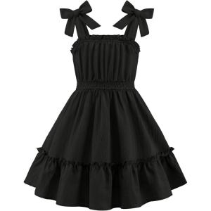 Arshiner Girls Summer Dress Bow-Tie Straps Sleeveless Flowy Ruffle Trim Boho Beach Casual Sundress(Black)