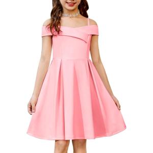 Arshiner Girls Summer Dress Off Shoulder Fold Pleated Formal Elegant A-Line Party Dresses with Pocket(A-pink)