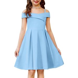 Arshiner Girls Summer Dress Off Shoulder Fold Pleated Formal Elegant A-Line Party Dresses with Pocket(Blue)