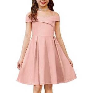 Arshiner Girls Summer Dress Off Shoulder Fold Pleated Formal Elegant A-Line Party Dresses with Pocket(B-pink)