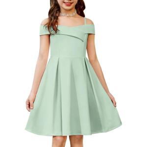 Arshiner Girls Summer Dress Off Shoulder Fold Pleated Formal Elegant A-Line Party Dresses with Pocket(Light Green)