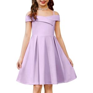 Arshiner Girls Summer Dress Off Shoulder Fold Pleated Formal Elegant A-Line Party Dresses with Pocket(Purple)