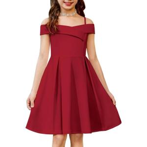 Arshiner Girls Summer Dress Off Shoulder Fold Pleated Formal Elegant A-Line Party Dresses with Pocket(Red)
