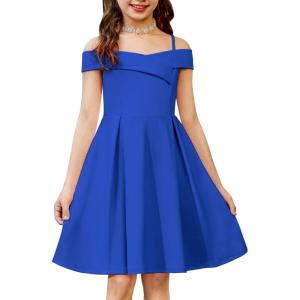 Arshiner Girls Summer Dress Off Shoulder Fold Pleated Formal Elegant A-Line Party Dresses with Pocket(Royal Blue)