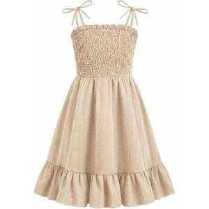 Arshiner Girls Summer Dress Tween Spaghetti Strap Smocked Casual Beach Sundress with Pockets 6-14Y(Champagne)