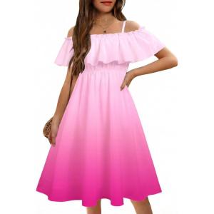 Arshiner Girls Summer Floral Ruffle Sundress Cold Shoulder Casual Holiday Dresses(Rose Red Gradient)