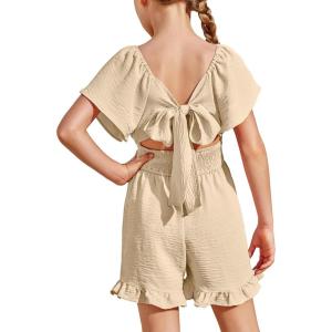 Arshiner Girls Summer Jumpsuits Tie Back Off Shoulder Short Sleeve One Piece Rompers Ruffle Smocked Casual Shorts Outfits(Champagne)