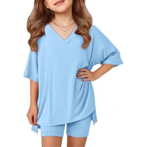 Arshiner Girls Summer Outfits 2 Piece Sets Oversized V Neck Side Split Shirts and Biker Shorts Athletic Sets Workout Outfits(Blue)