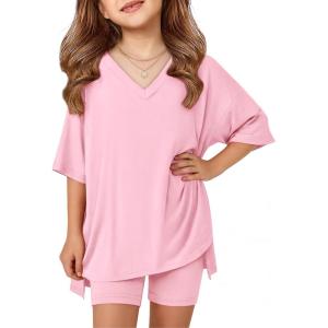 Arshiner Girls Summer Outfits 2 Piece Sets Oversized V Neck Side Split Shirts and Biker Shorts Athletic Sets Workout Outfits(Light Pink)