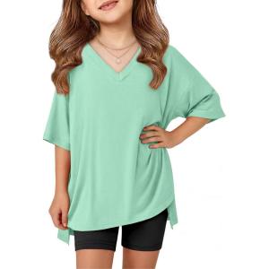 Arshiner Girls Summer Outfits 2 Piece Sets Oversized V Neck Side Split Shirts and Biker Shorts Athletic Sets Workout Outfits(Mint Green & Black)