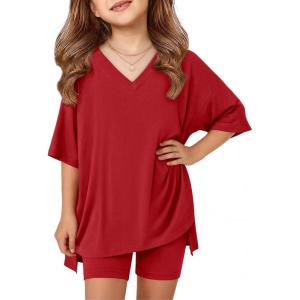 Arshiner Girls Summer Outfits 2 Piece Sets Oversized V Neck Side Split Shirts and Biker Shorts Athletic Sets Workout Outfits(Red)