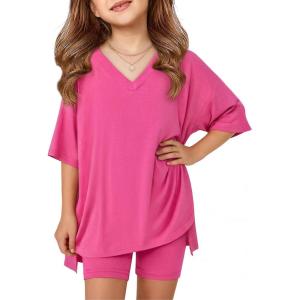 Arshiner Girls Summer Outfits 2 Piece Sets Oversized V Neck Side Split Shirts and Biker Shorts Athletic Sets Workout Outfits(Rose Red)
