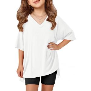 Arshiner Girls Summer Outfits 2 Piece Sets Oversized V Neck Side Split Shirts and Biker Shorts Athletic Sets Workout Outfits(White & Black)