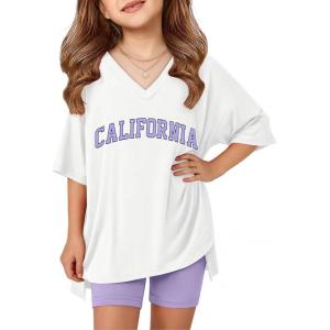 Arshiner Girls Summer Outfits 2 Piece Sets Oversized V Neck Side Split Shirts and Biker Shorts Athletic Sets Workout Outfits(White & Purple)