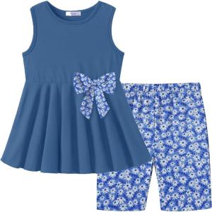 Arshiner Toddler Girl Clothes 2 Piece Bowknot Sleeveless Top Dress and Leggings Shorts Set Kids Summer Outfits(Gray-blue Flower)