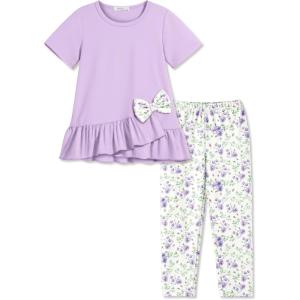 Arshiner Toddler Girl Clothes Summer 2 Piece Outfits Ruffle Hem Short Sleeve Top and Printed Leggings Kids Clothing Sets(Purple Flroal)