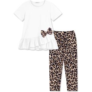 Arshiner Toddler Girl Clothes Summer 2 Piece Outfits Ruffle Hem Short Sleeve Top and Printed Leggings Kids Clothing Sets(White Leopard)