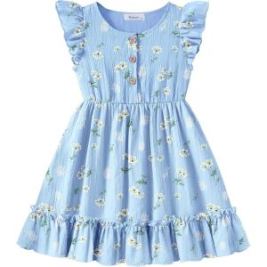 Arshiner Toddler Girls Dress Ruffle Sleeveless Button Down Dresses Summer Beach Casual Sundress with Pocket for 1-7Y(Blue Floral)