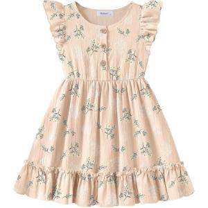 Arshiner Toddler Girls Dress Ruffle Sleeveless Button Down Dresses Summer Beach Casual Sundress with Pocket for 1-7Y(Khaki Floral)