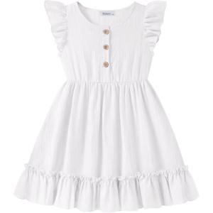 Arshiner Toddler Girls Dress Ruffle Sleeveless Button Down Dresses Summer Beach Casual Sundress with Pocket for 1-7Y(White)