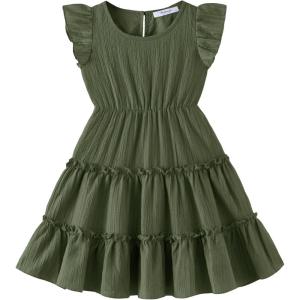 Arshiner Toddler Girls Dress Ruffle Sleeveless Tiered Swing Twirly Dresses Cute Summer Beach Sundress with Pocket for 1-6T(Olive Green)