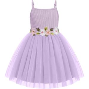 Arshiner Toddler Tulle Dress Summer Spaghetti Strap Party Tutu Flower Girl Dresses with Belt 3-8Y(Purple)
