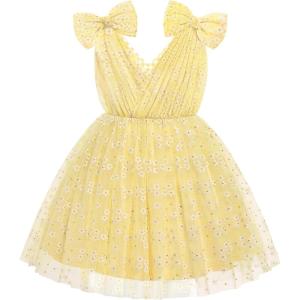 Arshiner Tutu Tulle Dress for Toddler Girls Bowknot Sleeveless Flower Birthday Princess Party Summer Dresses(Yellow Plaid Daisy)