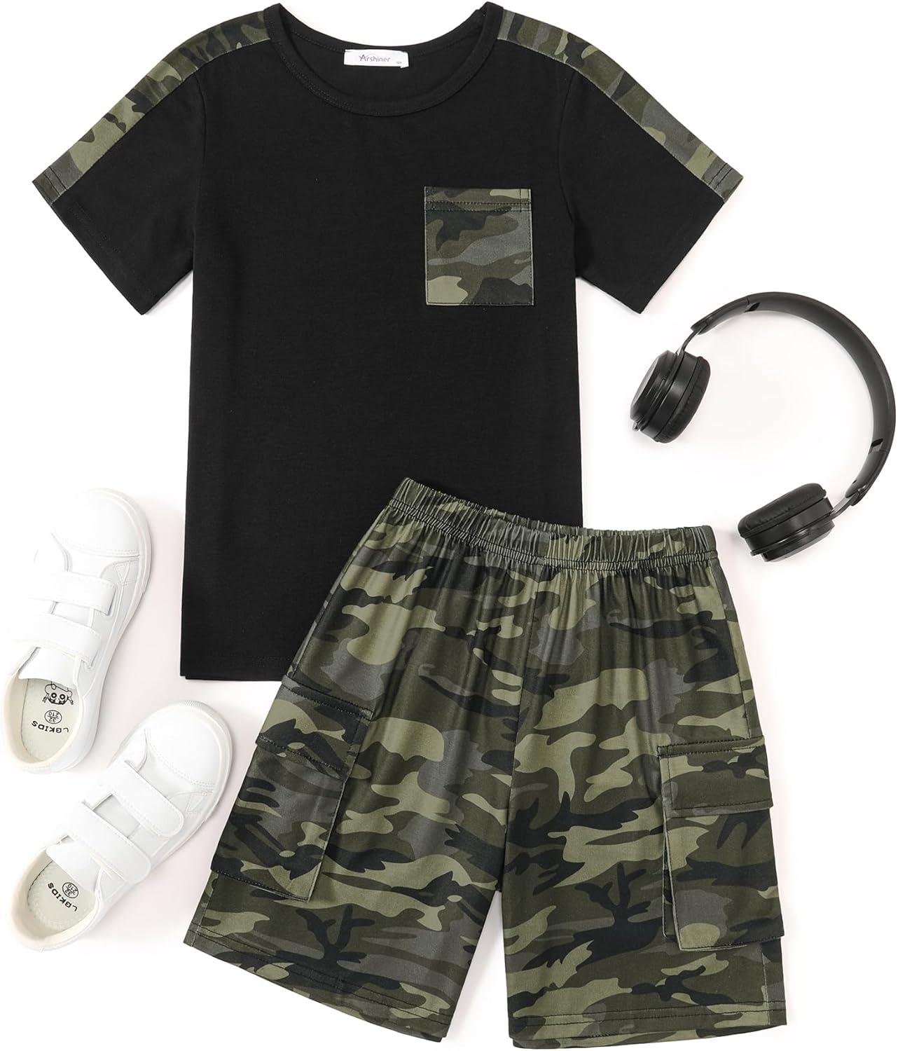 image:imageArshiner Boys 2Piece Camo Stitching Outfit Short Sleeve Cotton TShirt amp Shorts Set Kids Summer Clothes 614 YearsBlack Army Green