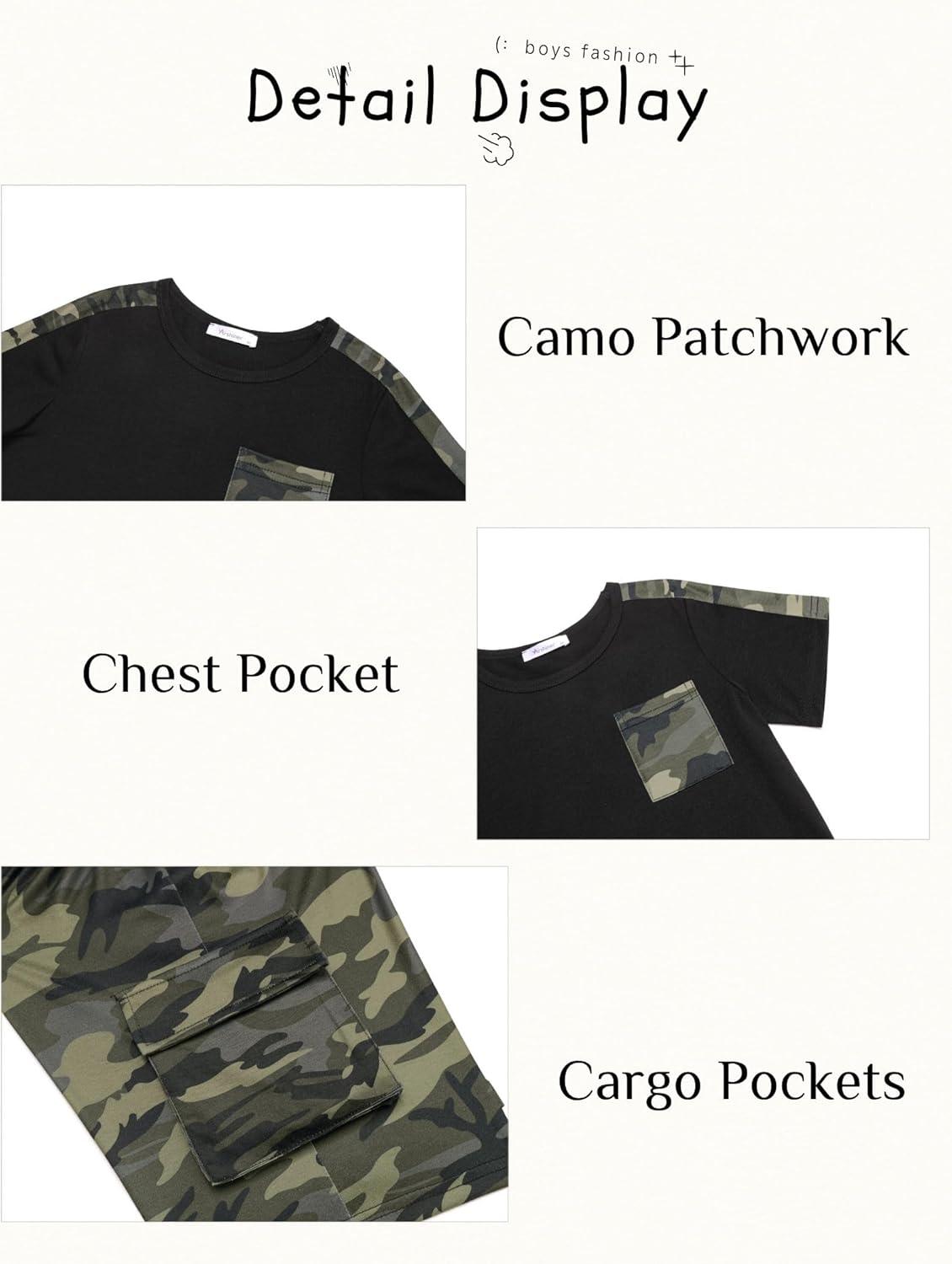 image:imageArshiner Boys 2Piece Camo Stitching Outfit Short Sleeve Cotton TShirt amp Shorts Set Kids Summer Clothes 614 YearsBlack Army Green
