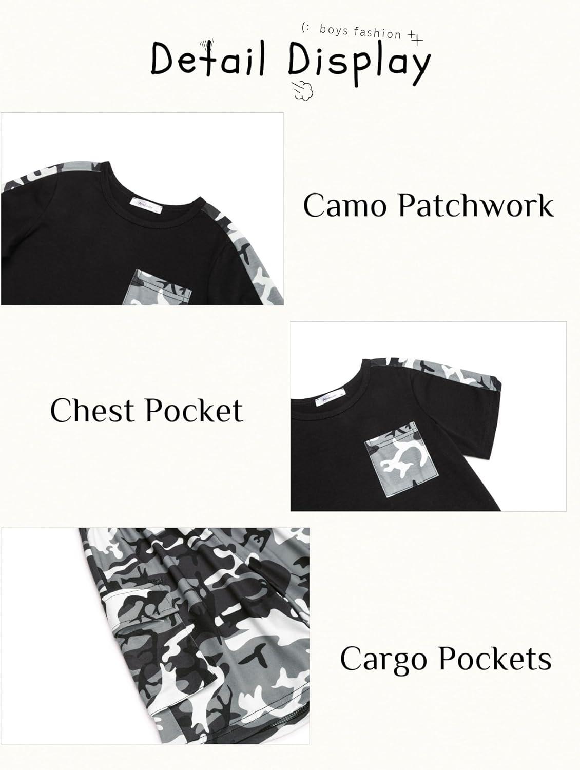 image:imageArshiner Boys 2Piece Camo Stitching Outfit Short Sleeve Cotton TShirt amp Shorts Set Kids Summer Clothes 614 YearsBlack Gray