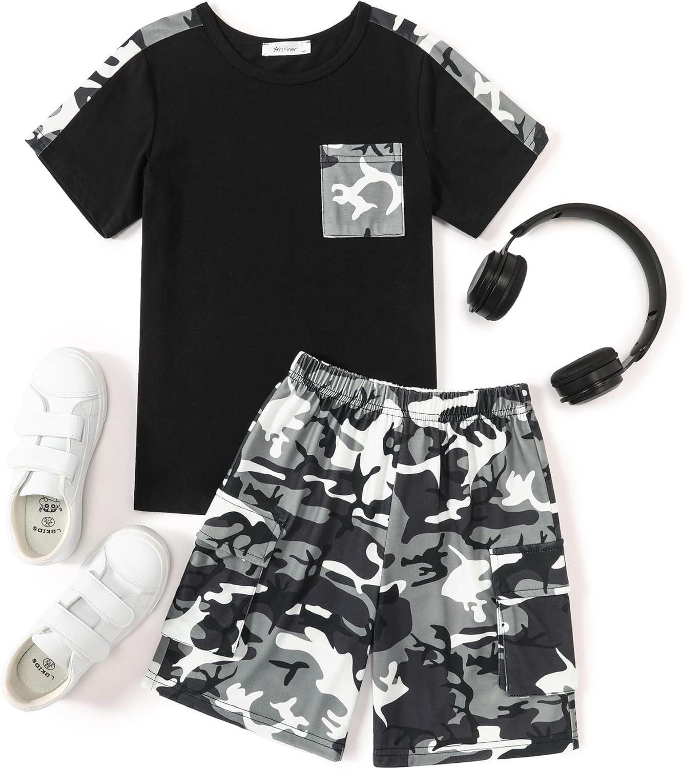 image:imageArshiner Boys 2Piece Camo Stitching Outfit Short Sleeve Cotton TShirt amp Shorts Set Kids Summer Clothes 614 YearsBlack Gray