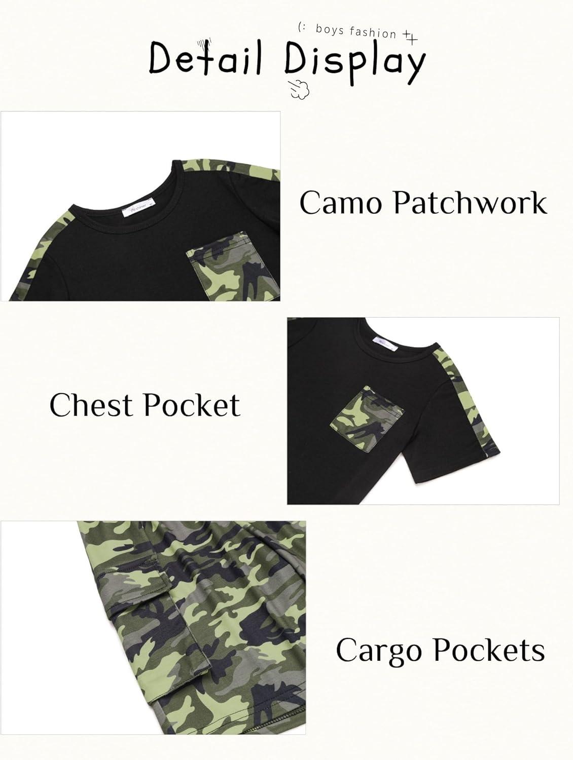 image:imageArshiner Boys 2Piece Camo Stitching Outfit Short Sleeve Cotton TShirt amp Shorts Set Kids Summer Clothes 614 YearsBlack Green