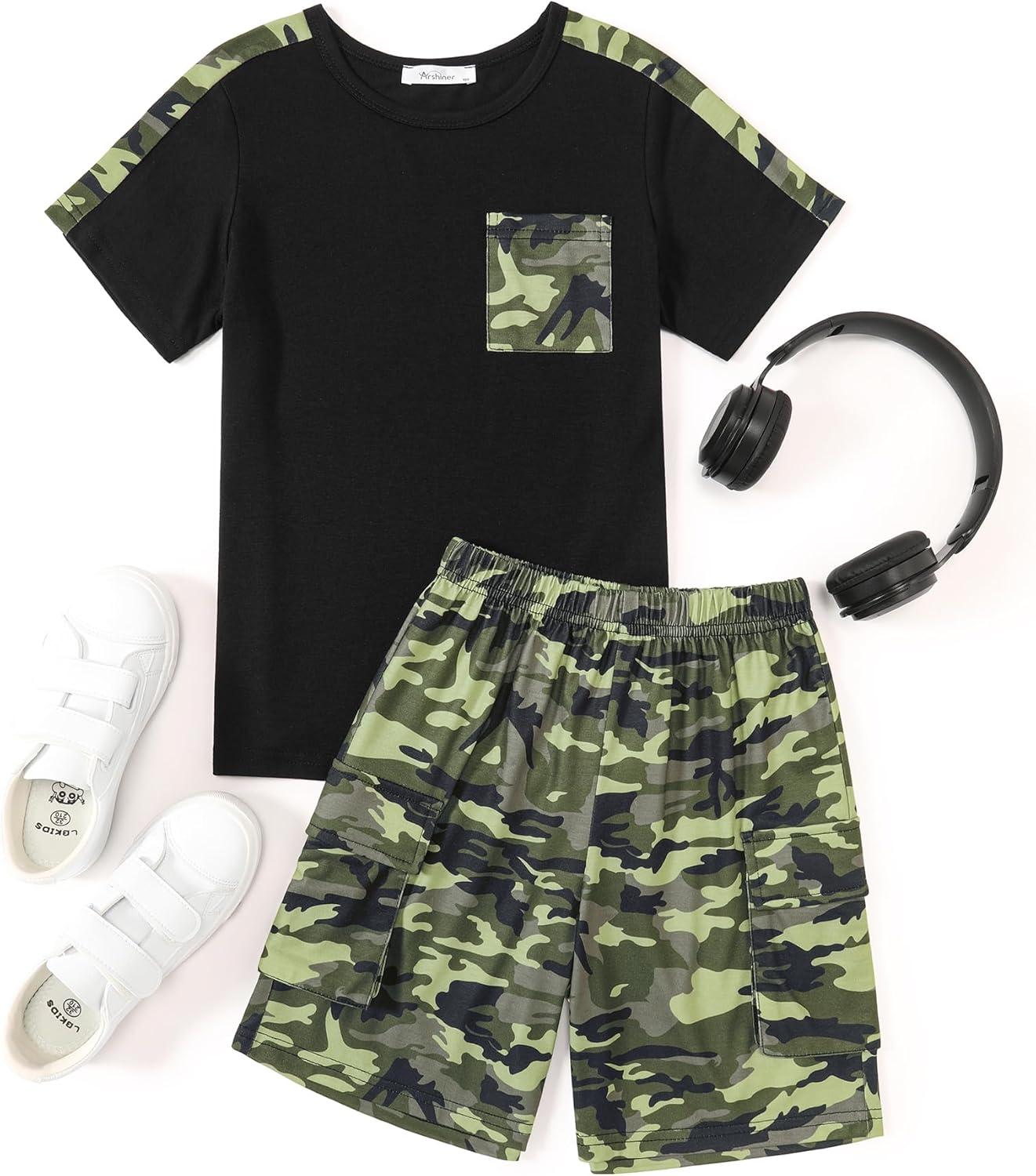 image:imageArshiner Boys 2Piece Camo Stitching Outfit Short Sleeve Cotton TShirt amp Shorts Set Kids Summer Clothes 614 YearsBlack Green