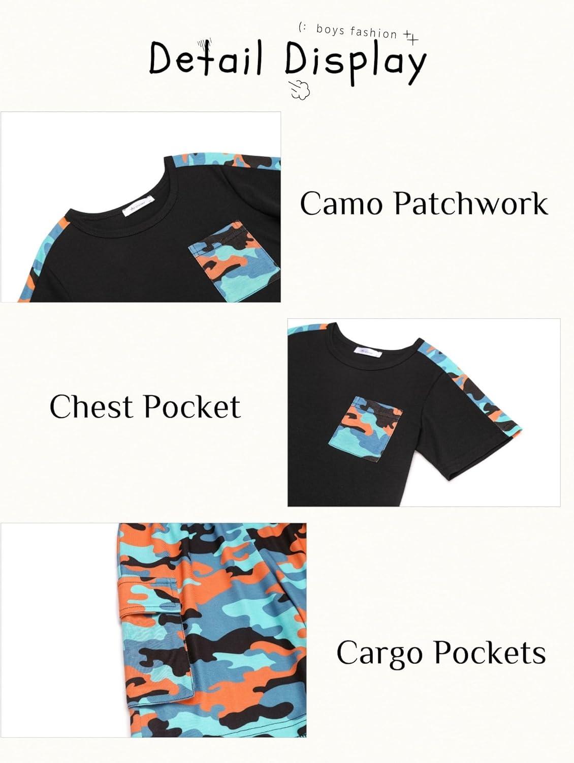 image:imageArshiner Boys 2Piece Camo Stitching Outfit Short Sleeve Cotton TShirt amp Shorts Set Kids Summer Clothes 614 YearsBlack Orange