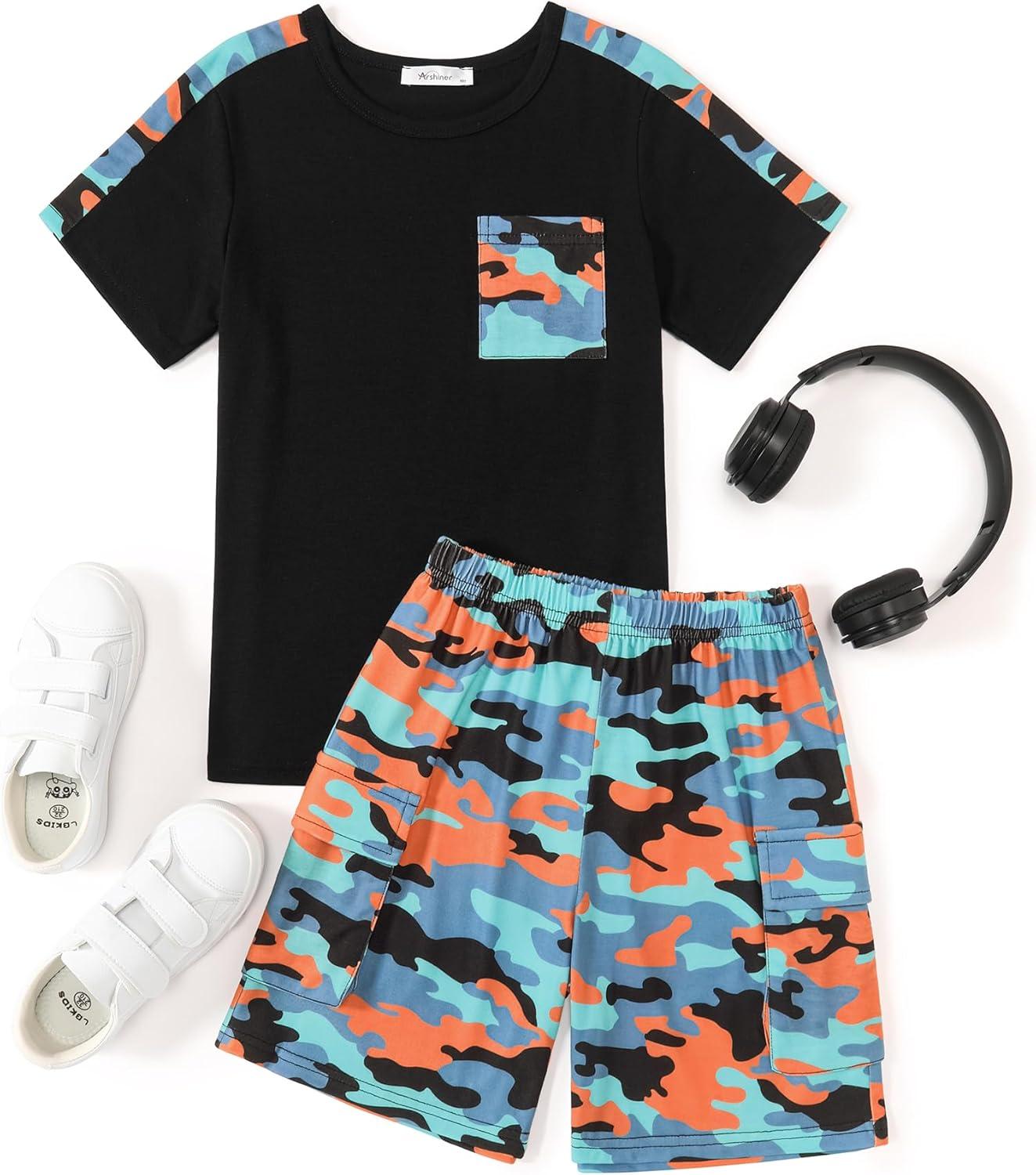 image:imageArshiner Boys 2Piece Camo Stitching Outfit Short Sleeve Cotton TShirt amp Shorts Set Kids Summer Clothes 614 YearsBlack Orange