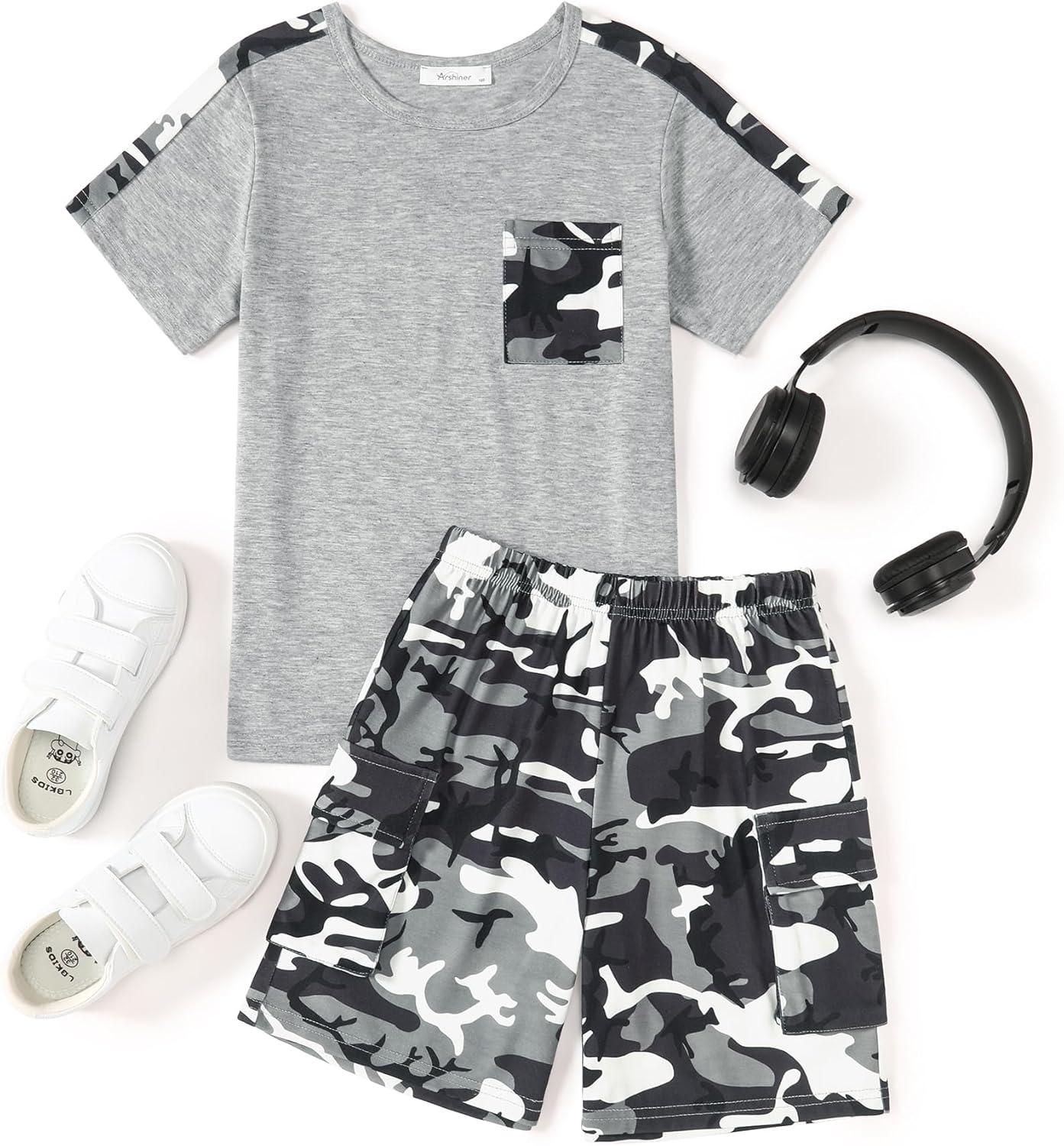 image:imageArshiner Boys 2Piece Camo Stitching Outfit Short Sleeve Cotton TShirt amp Shorts Set Kids Summer Clothes 614 YearsGray