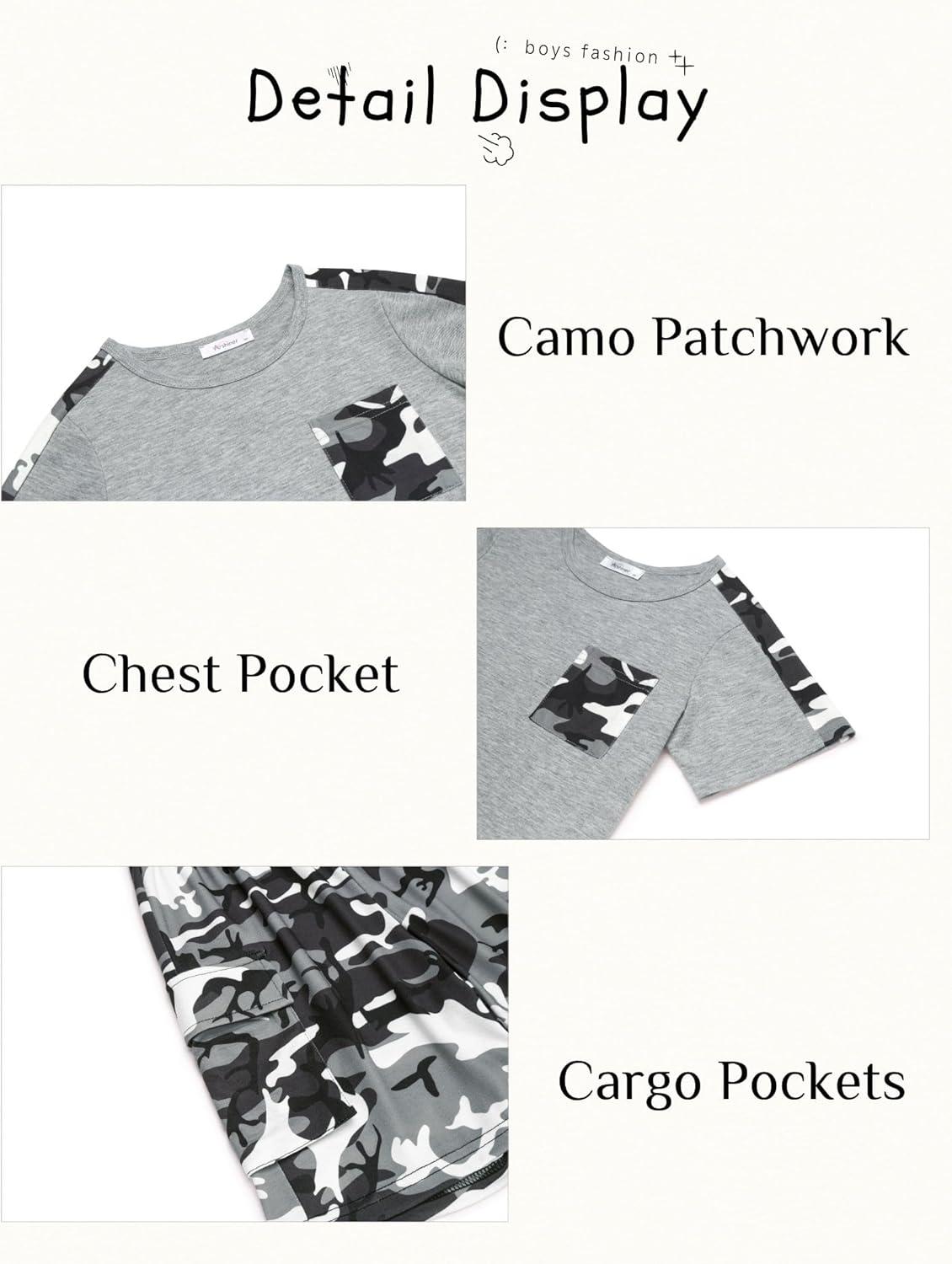 image:imageArshiner Boys 2Piece Camo Stitching Outfit Short Sleeve Cotton TShirt amp Shorts Set Kids Summer Clothes 614 YearsGray
