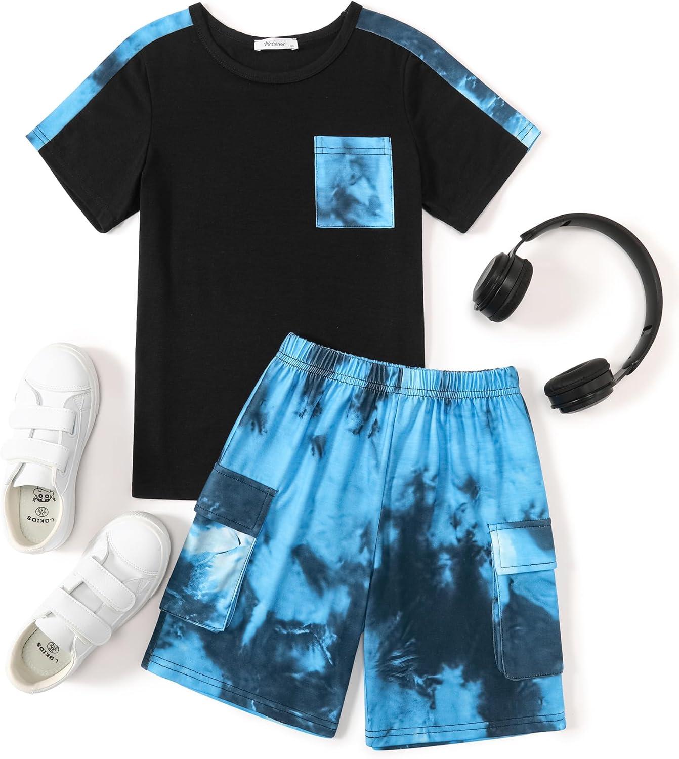 image:imageArshiner Boys 2Piece Camo Stitching Outfit Short Sleeve Cotton TShirt amp Shorts Set Kids Summer Clothes 614 YearsTiedye Blue
