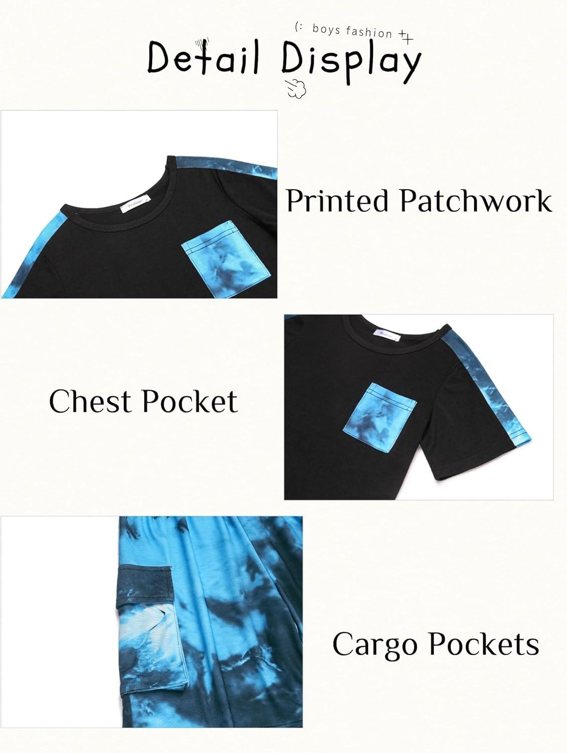 image:imageArshiner Boys 2Piece Camo Stitching Outfit Short Sleeve Cotton TShirt amp Shorts Set Kids Summer Clothes 614 YearsTiedye Blue