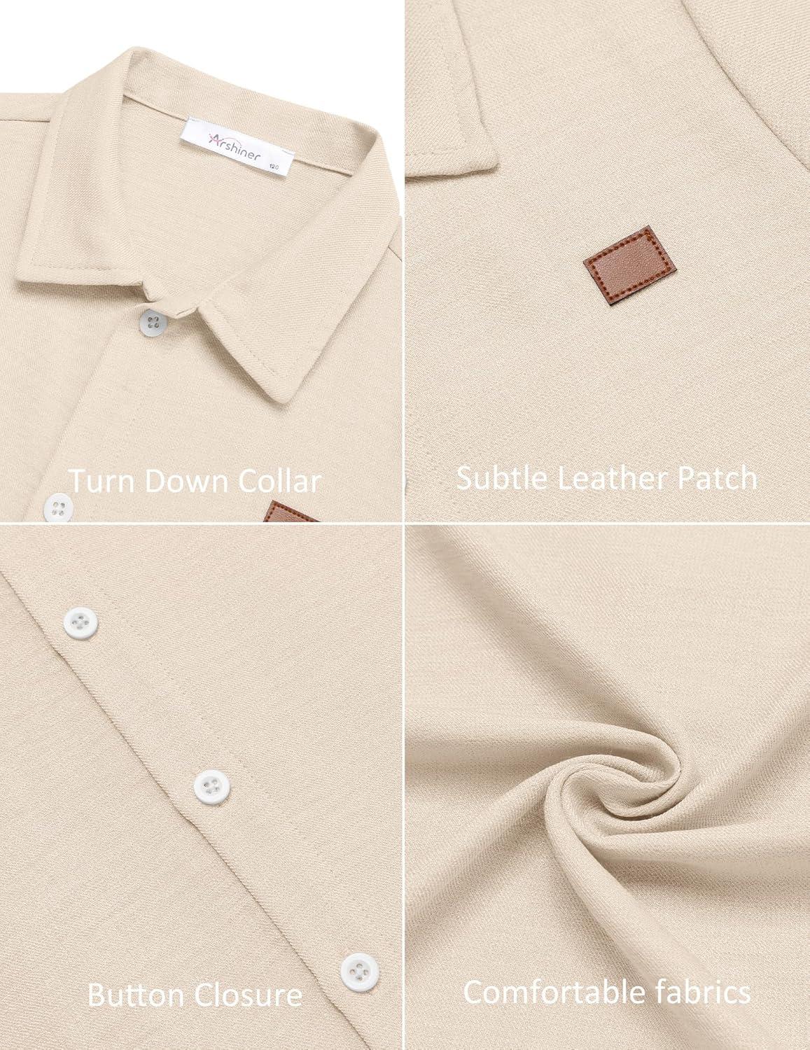 image:imageArshiner Boys Button Down Shirt Short Sleeve Collar Leather Patch Linen Woven Summer Beach Shirts Size 412 YearsBeige